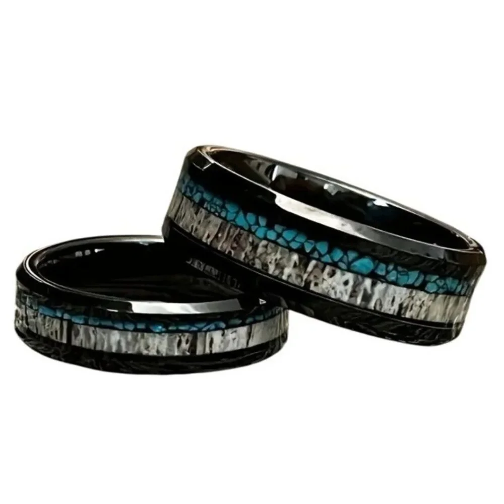 Tungsten Steel Carbide Crushed Turquoise & Deer Antler Center statement Ring